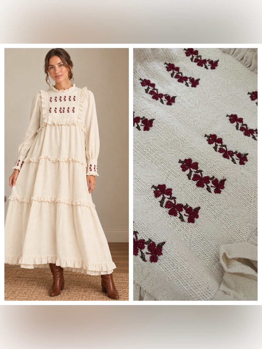 New Wolf & Badger WN cream embroidered floral ruffle maxi dress xxl cotton